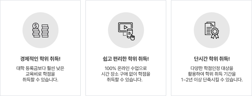 경제적인 학위취득!, 쉽고 편리한 학위취득!, 단기간 학위취득!